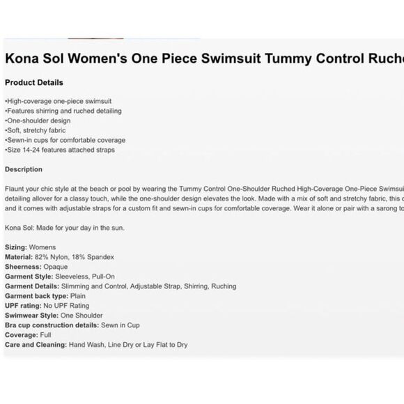 Kona Sol one shoulder strap tummy control Medium One Piece - Picture 4 of 6